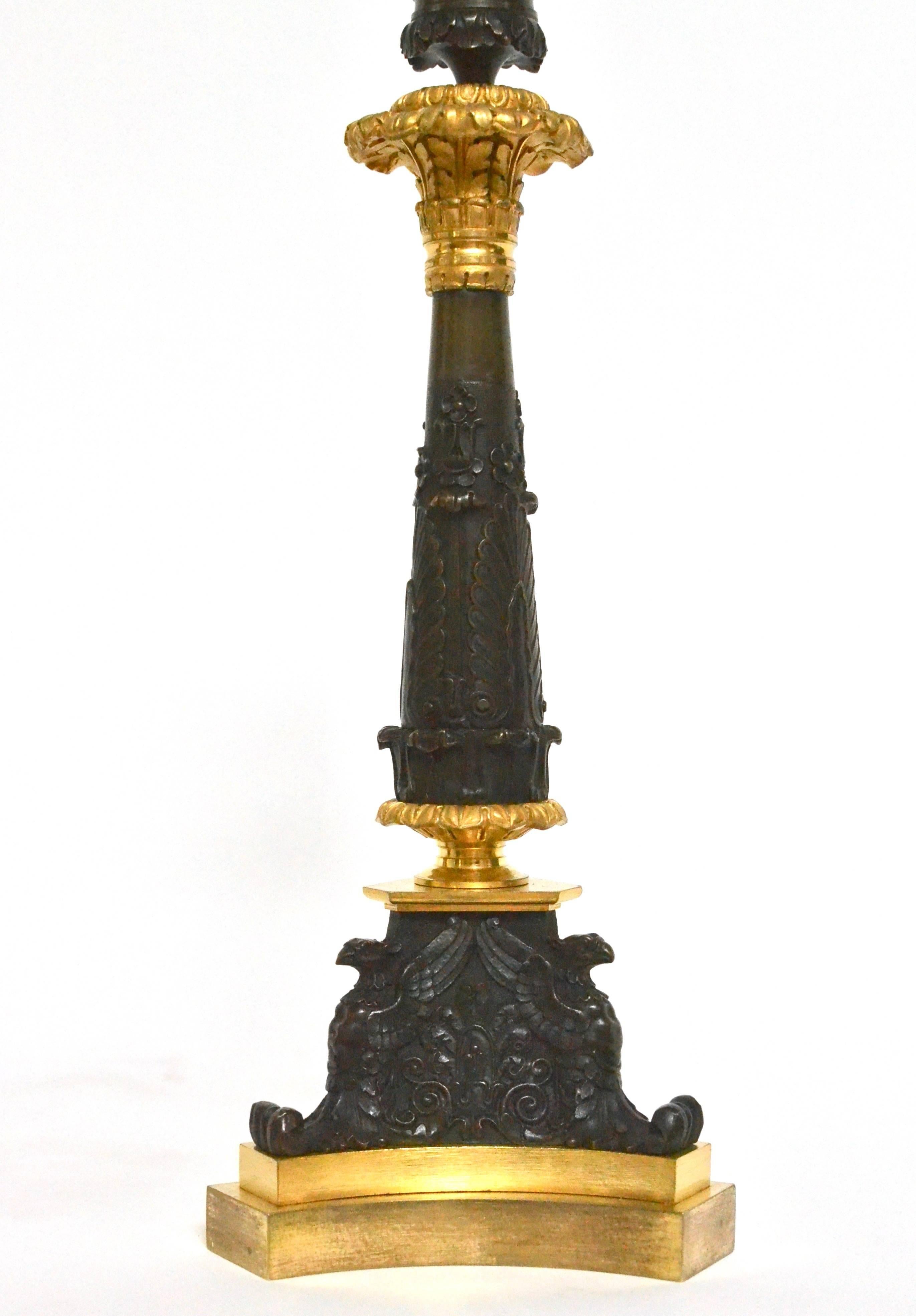 French Pair of Gilt Bronze Empire Candlesticks, circa 1825