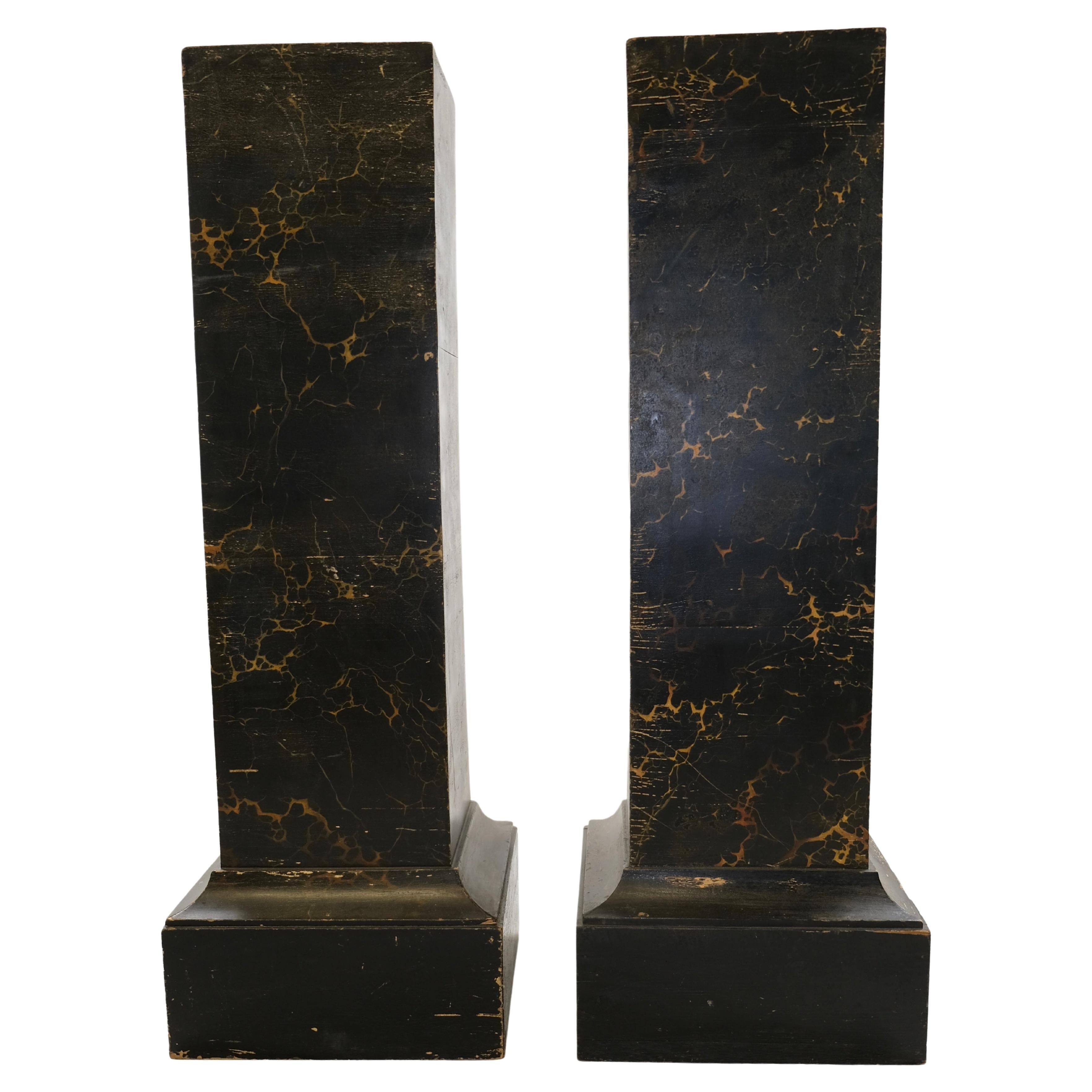 Pair of square Pillars, original Marble-Imitation painted  Wood. Early 19th C.