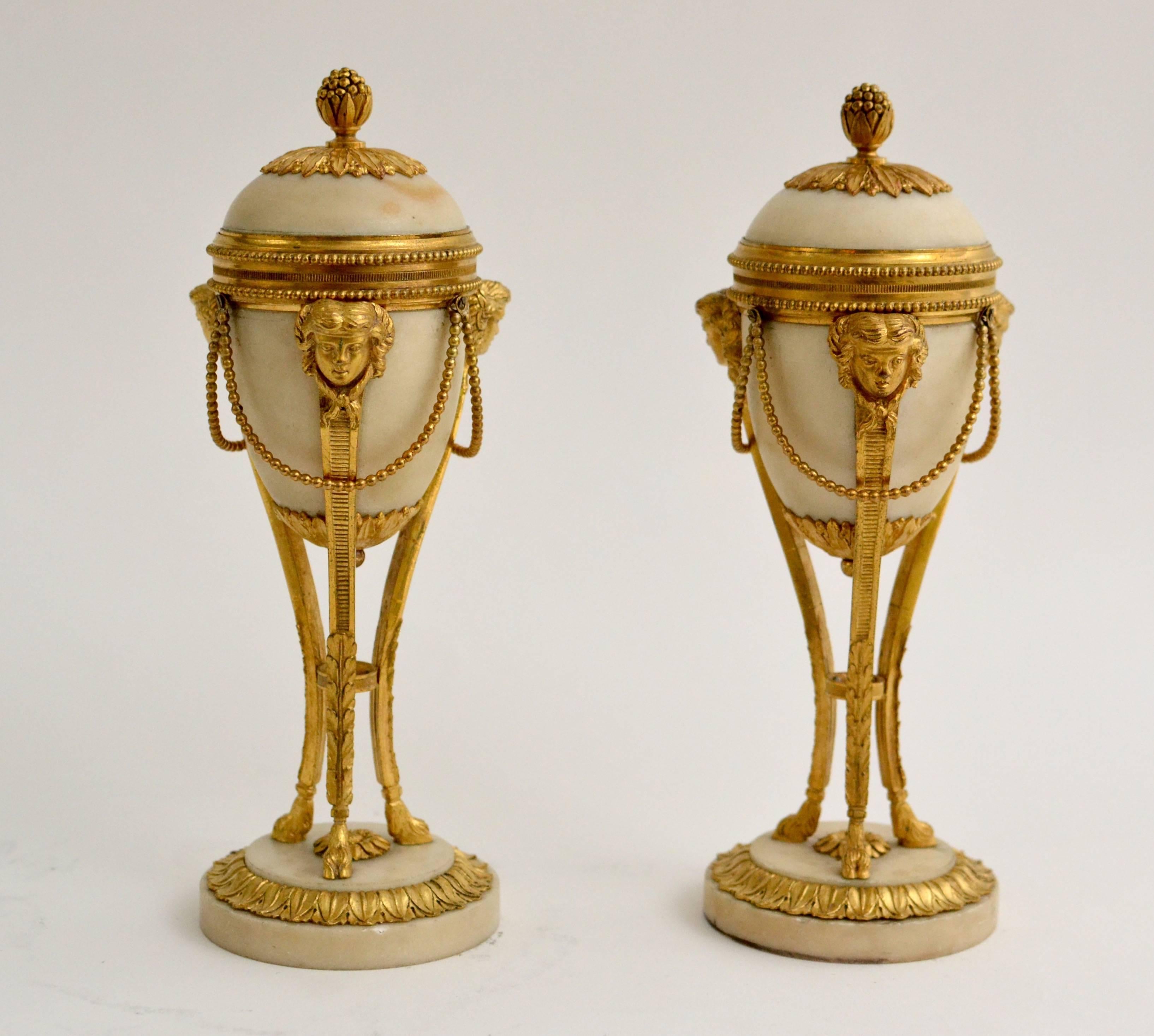 French Pair of Gilt Bronze and White Marble Louis XVI Cassolettes