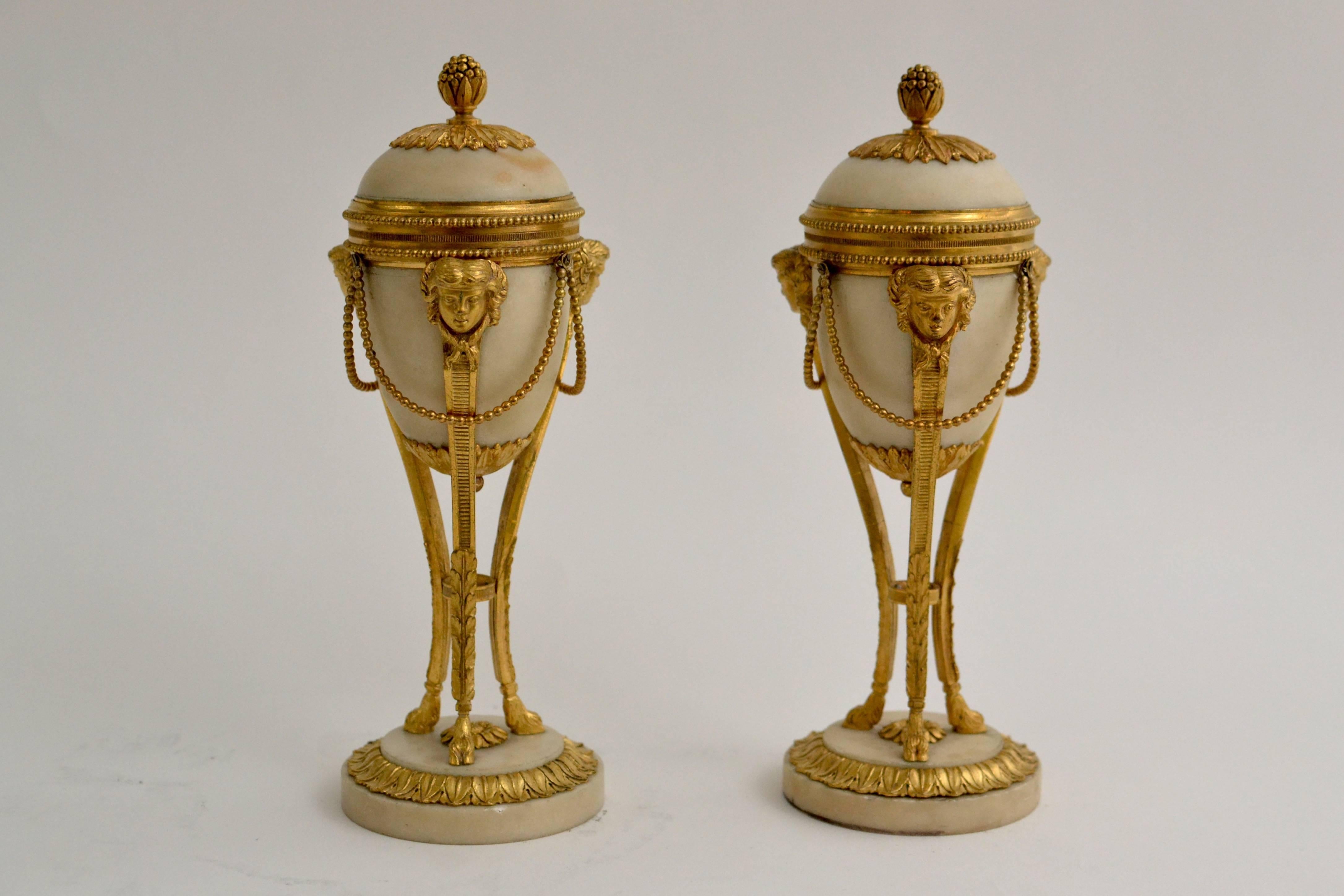 French Pair of Louis XVI Gilt Bronze and Marble Cassolettes