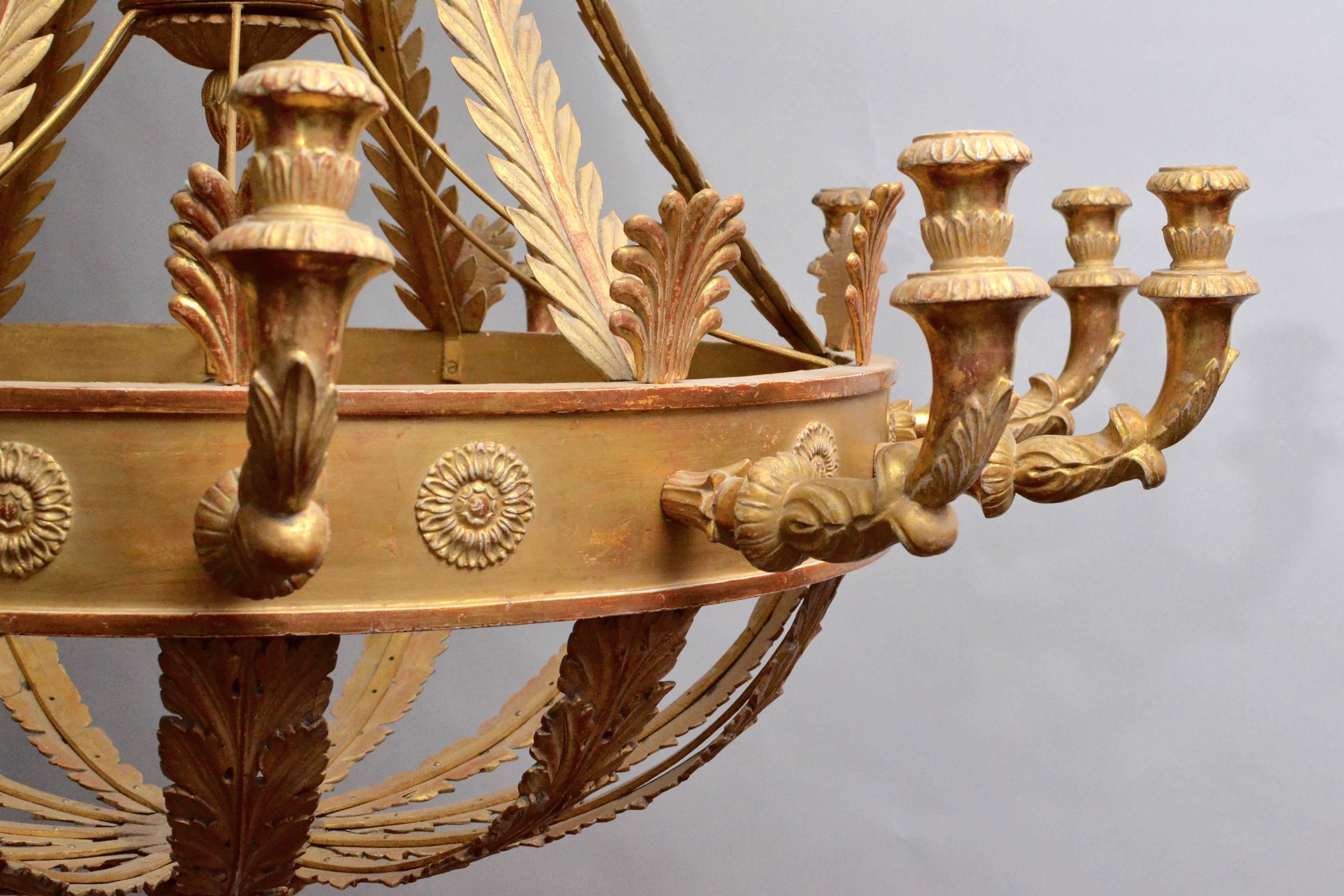 Very Large Pair of 19th Century Empire Giltwood Chandeliers In Excellent Condition In Stockholm, SE