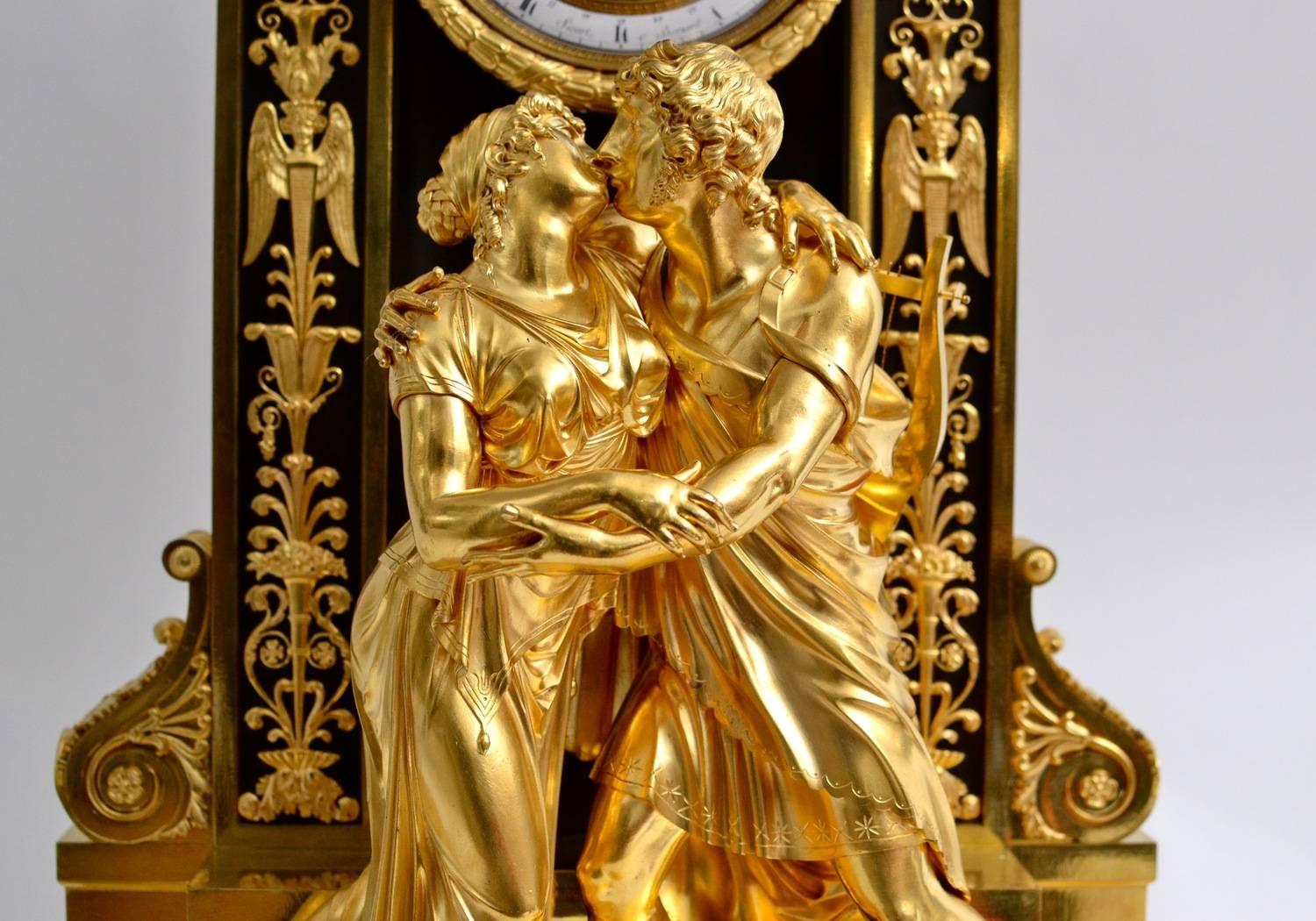 A rare and large half skeleton mantel clock signed Sicart & Bernard. The gilt bronze and patinated case is attributed to Claude Galle (1759-1815) after a model by Pierre-Louis Arnulpe Duguers de Montrosier (1758-1806). The clock shows date, hour and