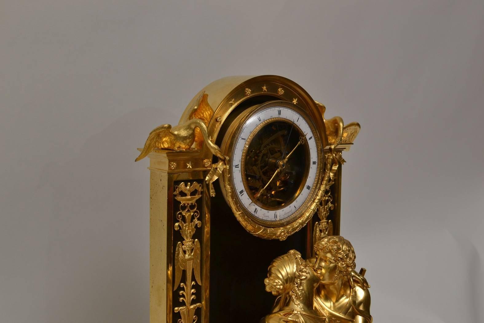 Rare Gilt Bronze Half Skeleton Mantel Clock Signed Sicart & Bernard, Paris In Excellent Condition In Stockholm, SE