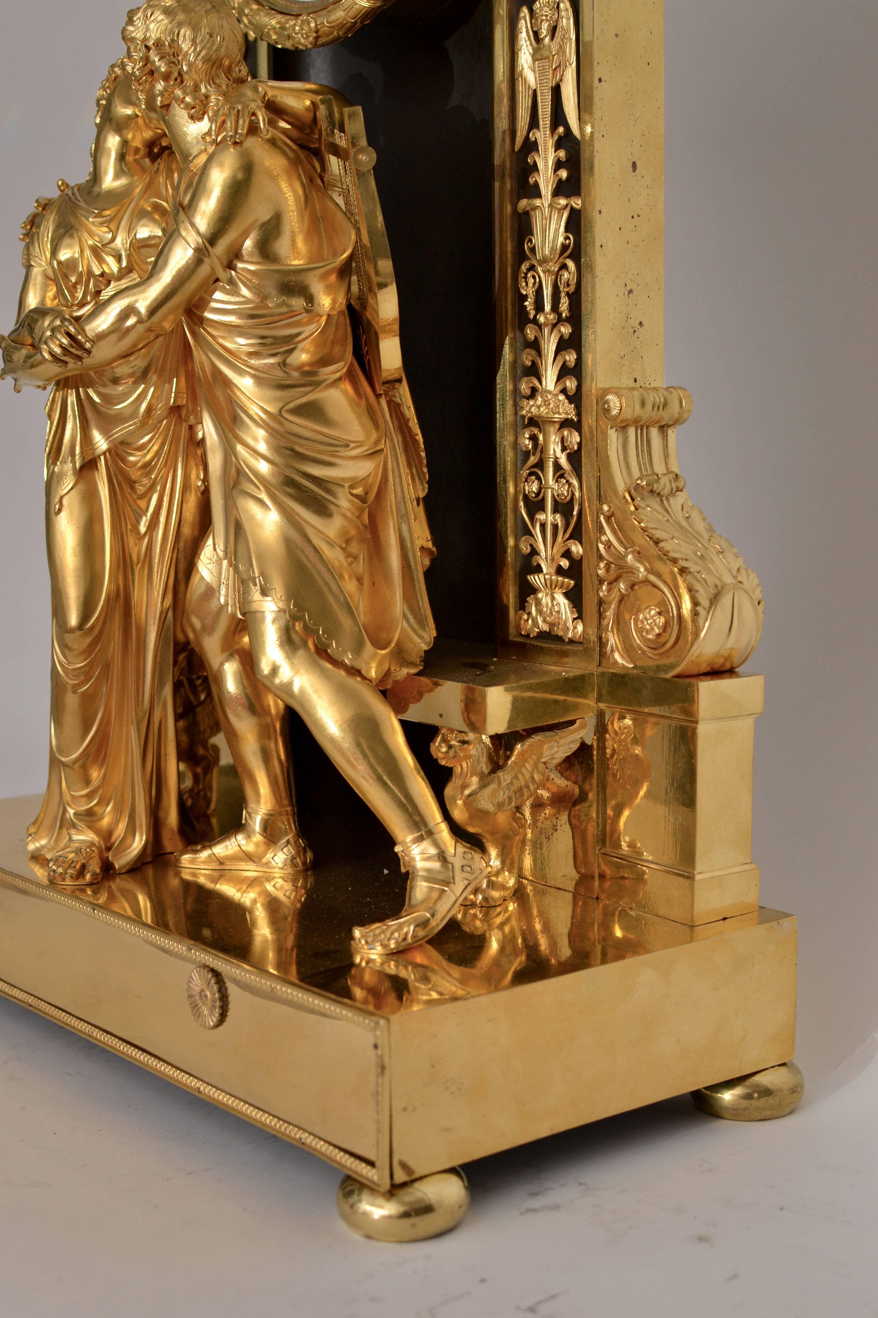Empire Rare Gilt Bronze Half Skeleton Mantel Clock Signed Sicart & Bernard, Paris