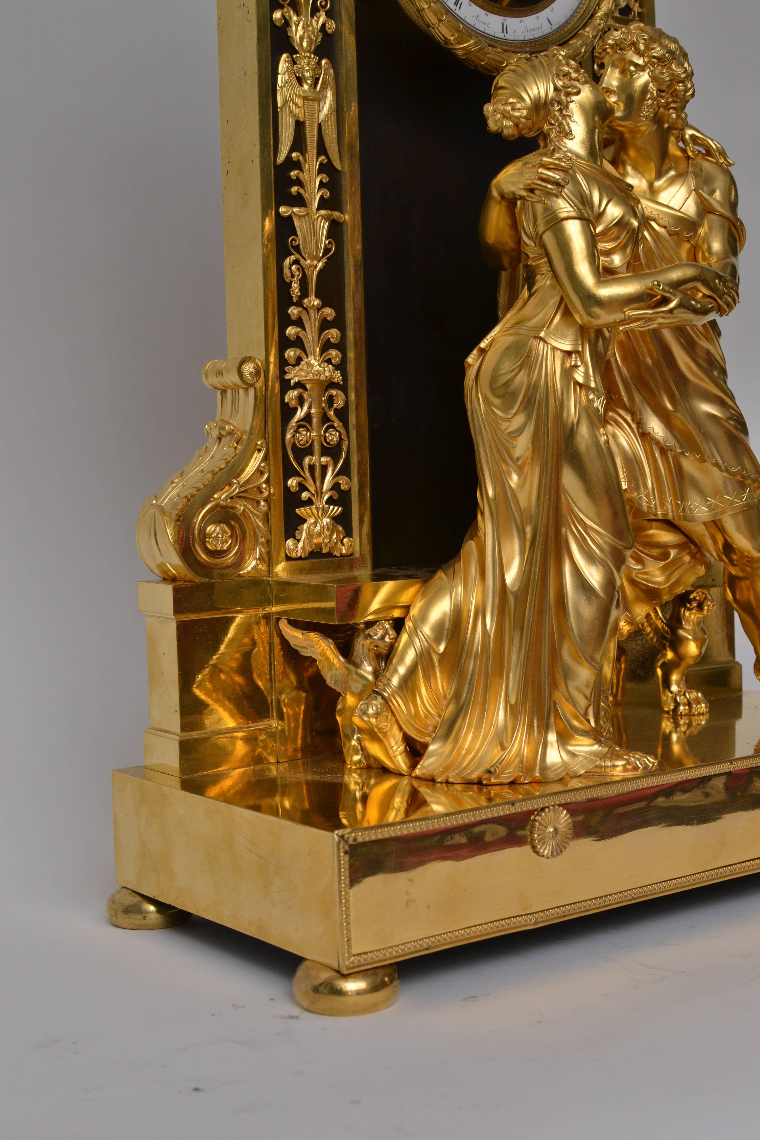 French Rare Gilt Bronze Half Skeleton Mantel Clock Signed Sicart & Bernard, Paris