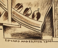Edward Andersson, Swedish Art Deco Cubist Charcoal Drawing on Paper, Signed, 193