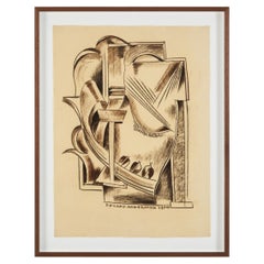 Edward Andersson, Swedish Art Deco Cubist Charcoal Drawing on Paper, Signed, 193