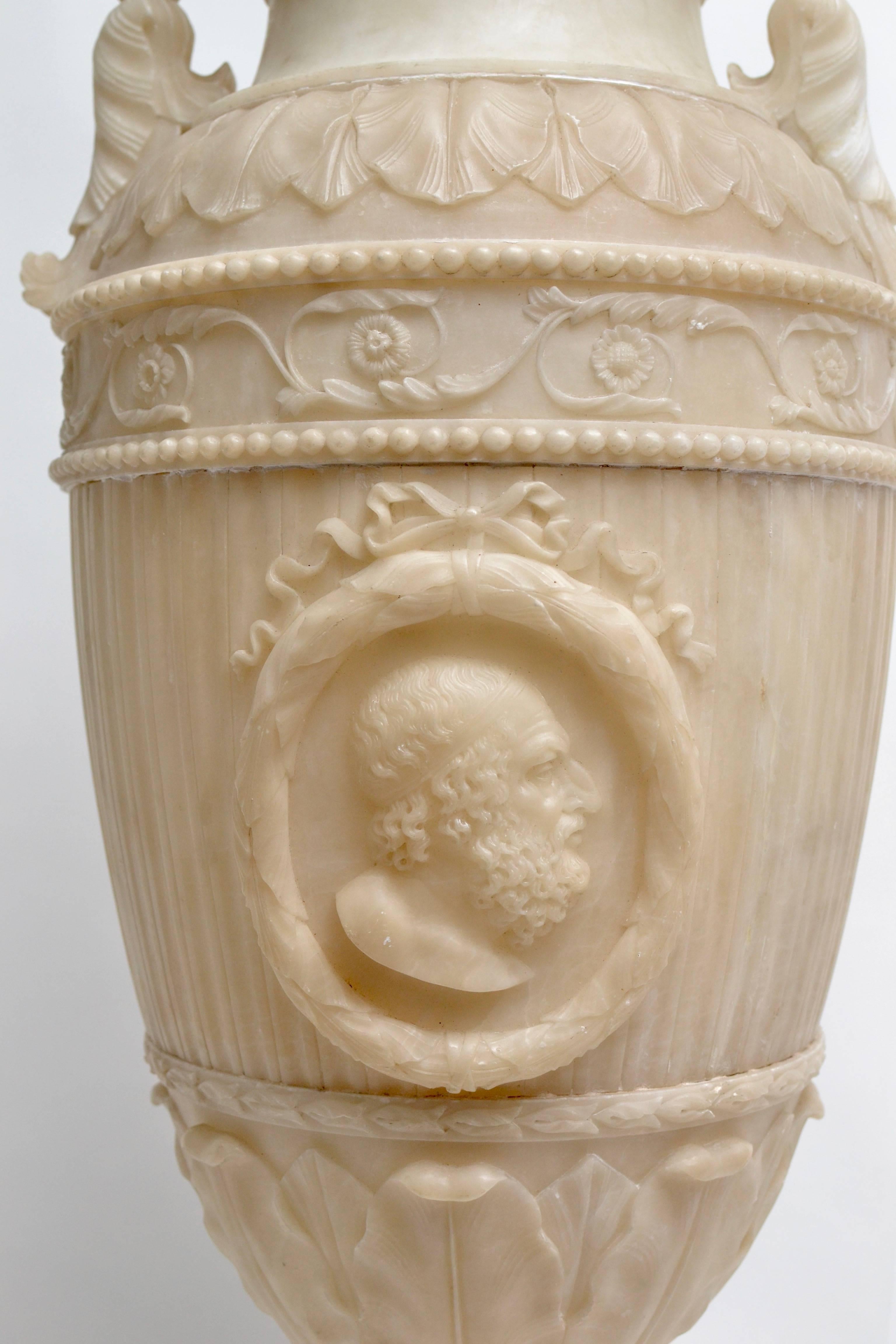 Empire Large Italian, 19th Century Alabaster Urn with a Profile Portrait of Homer