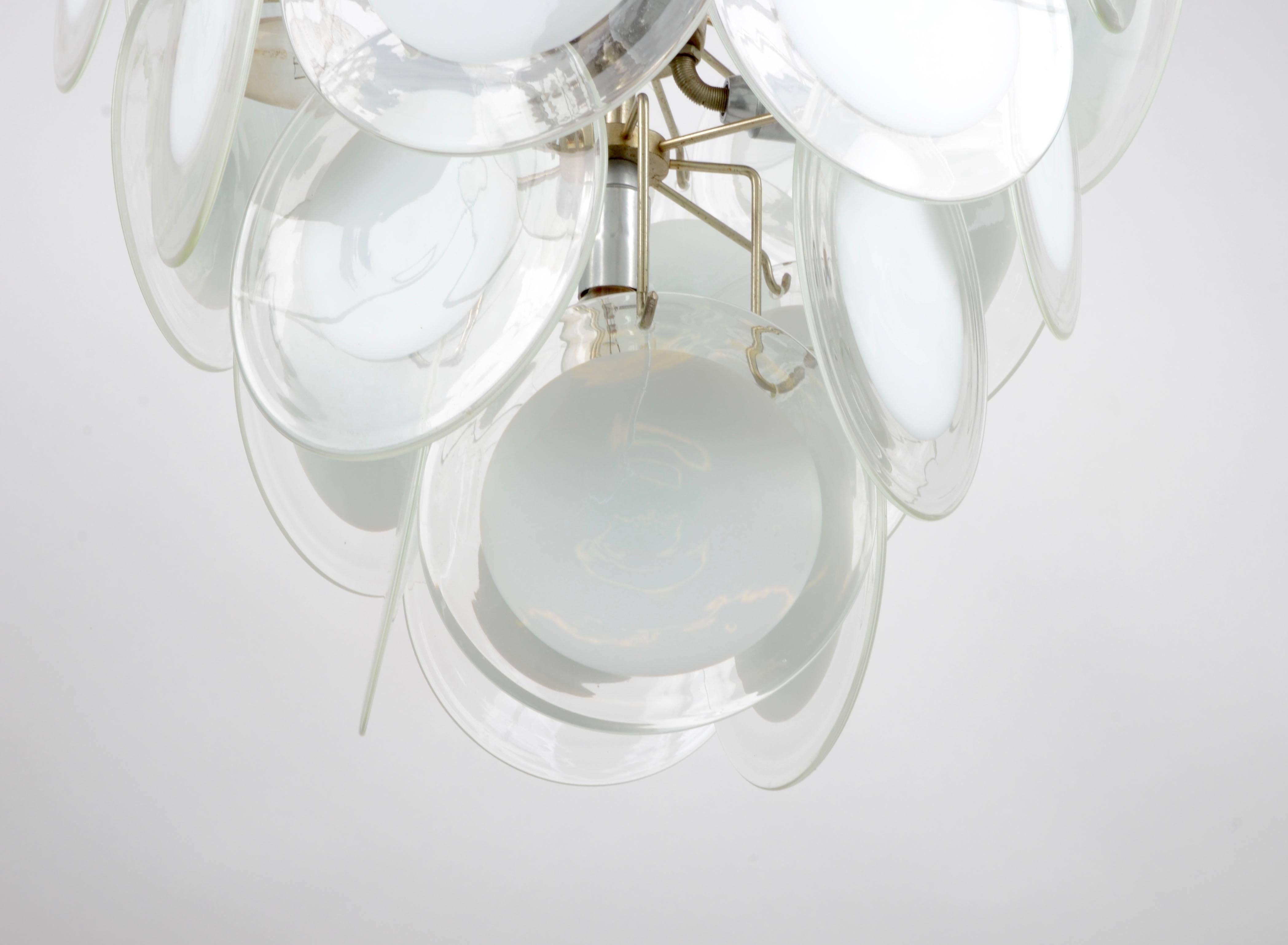 Late 20th Century Vistosi, Clear and White Glass Disc Chandelier, Italy, 1970s