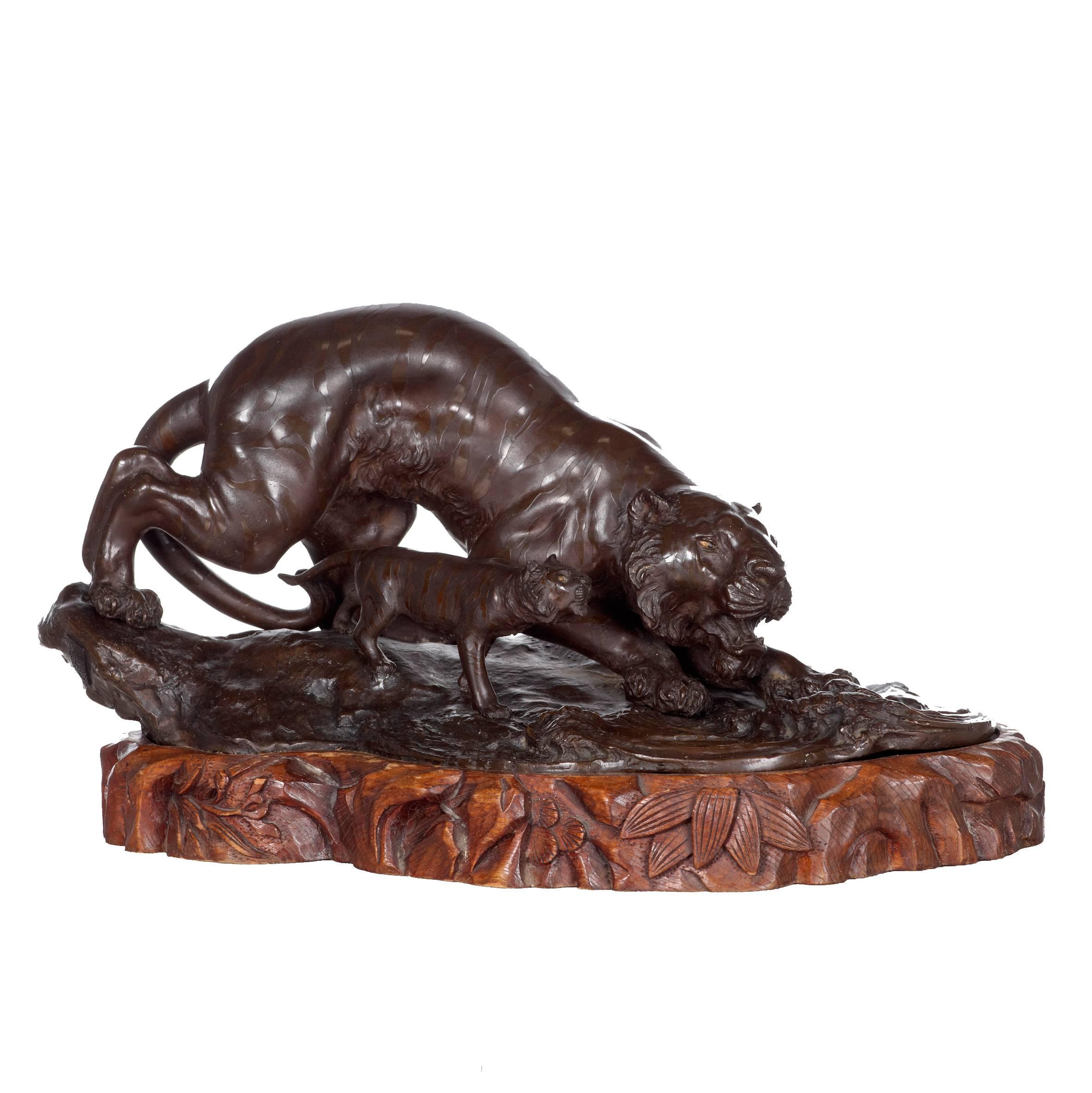 Bronze Sculpture, Tiger with Cub, Meiji Period