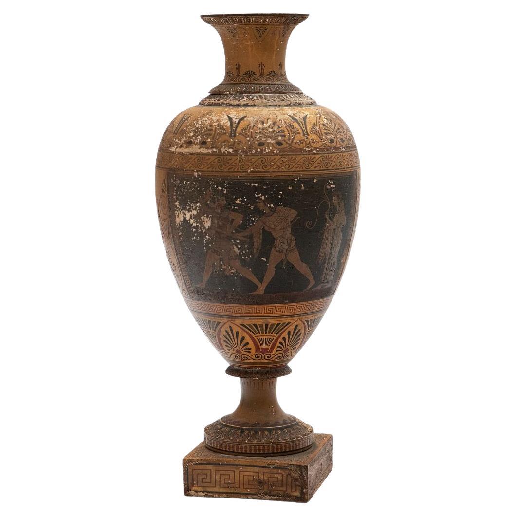 Rare large classicist 'Grand Tour' amphora in original untouched condition.
Made of terracotta with original polychrome Etruscan paintings on white chalk undercoat. On a square wooden base.
A very decorative and charming amphora, in untouched
