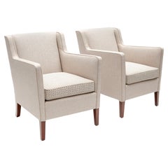 Pair of Frits Henningsen Lounge Chairs In Light Fabric. Denmark 1950's