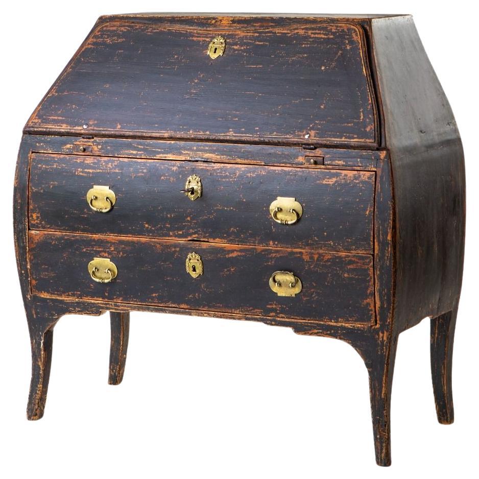 18th Century Swedish Rococo Black and Blue Painted Secretary Desk