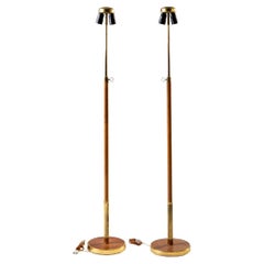 Pair of Danish Mid-Century Adjustable Floor Lamps in Brass and Leather
