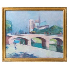 Victor Isbrand Oil Painting – View of Paris with Notre-Dame and the Seine, 1920s