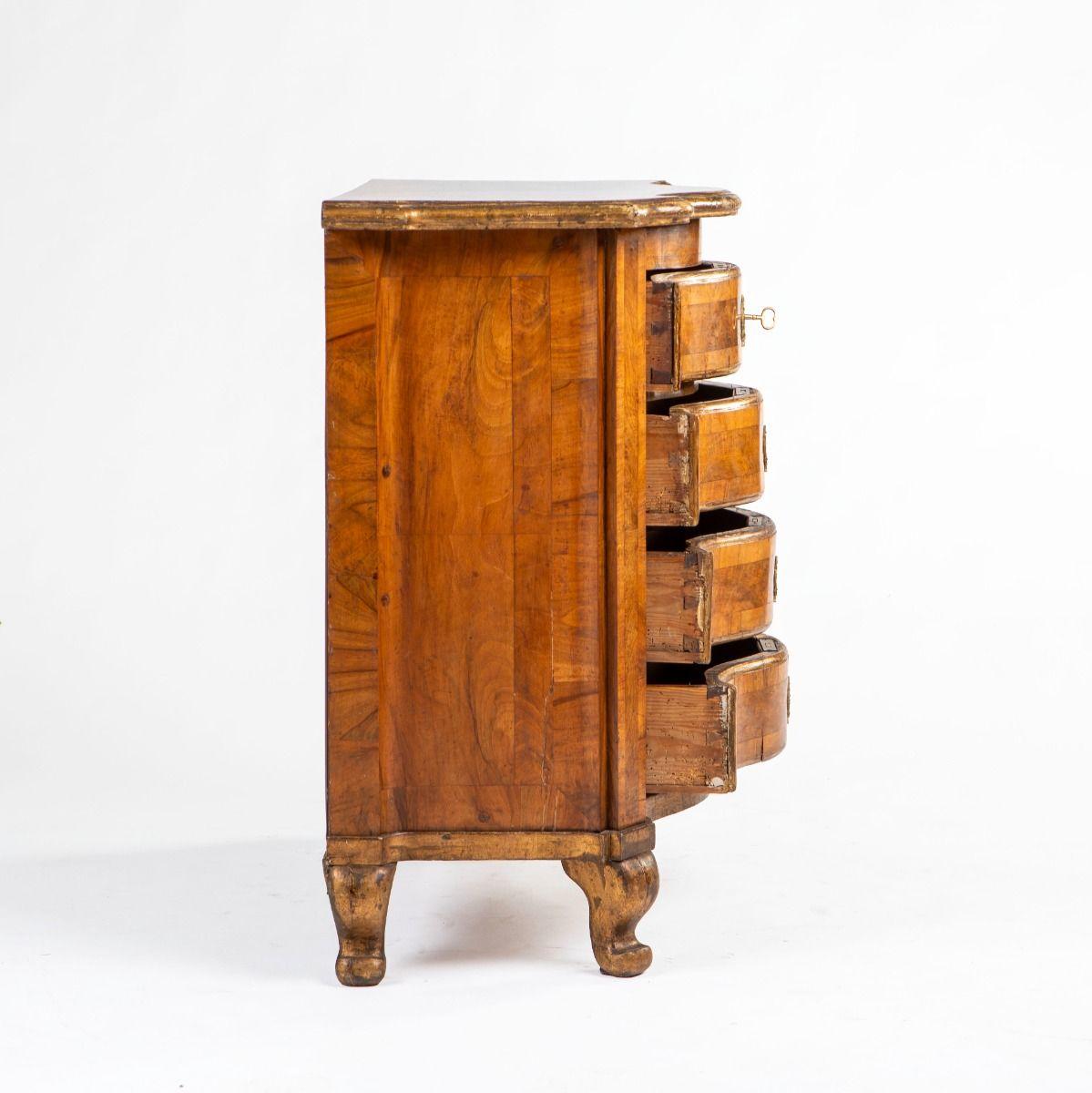 Veneer Danish Baroque Walnut Chest of Commode with Serpentine Front and Gilt Details For Sale