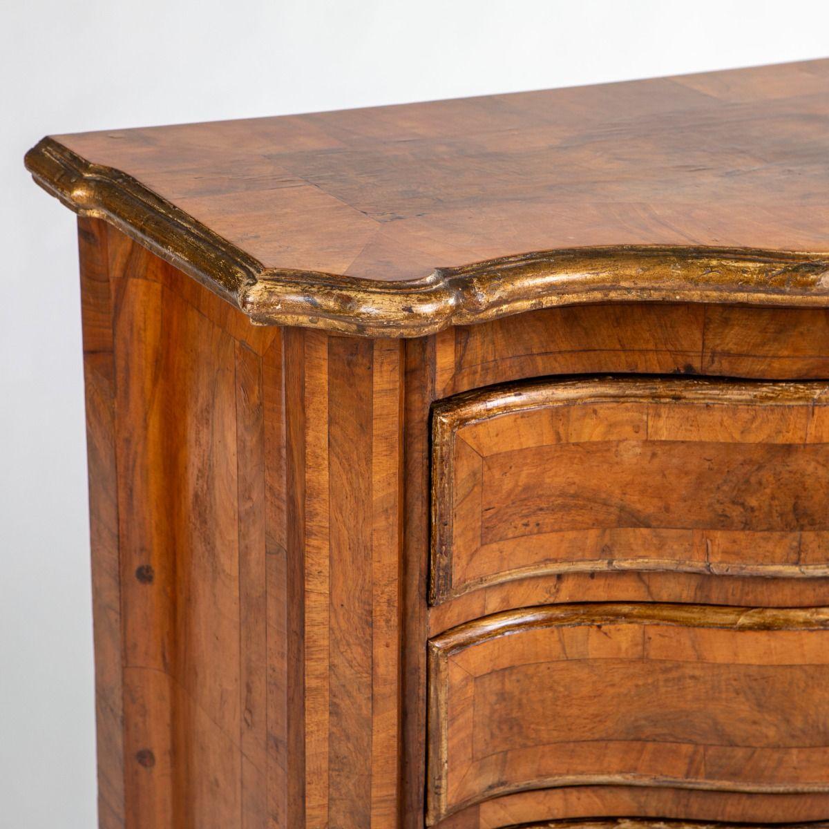Brass Danish Baroque Walnut Chest of Commode with Serpentine Front and Gilt Details For Sale