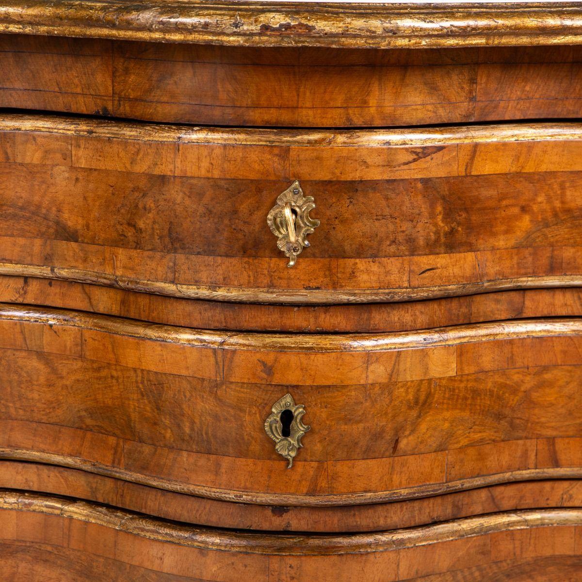 Danish Baroque Walnut Chest of Commode with Serpentine Front and Gilt Details For Sale 1