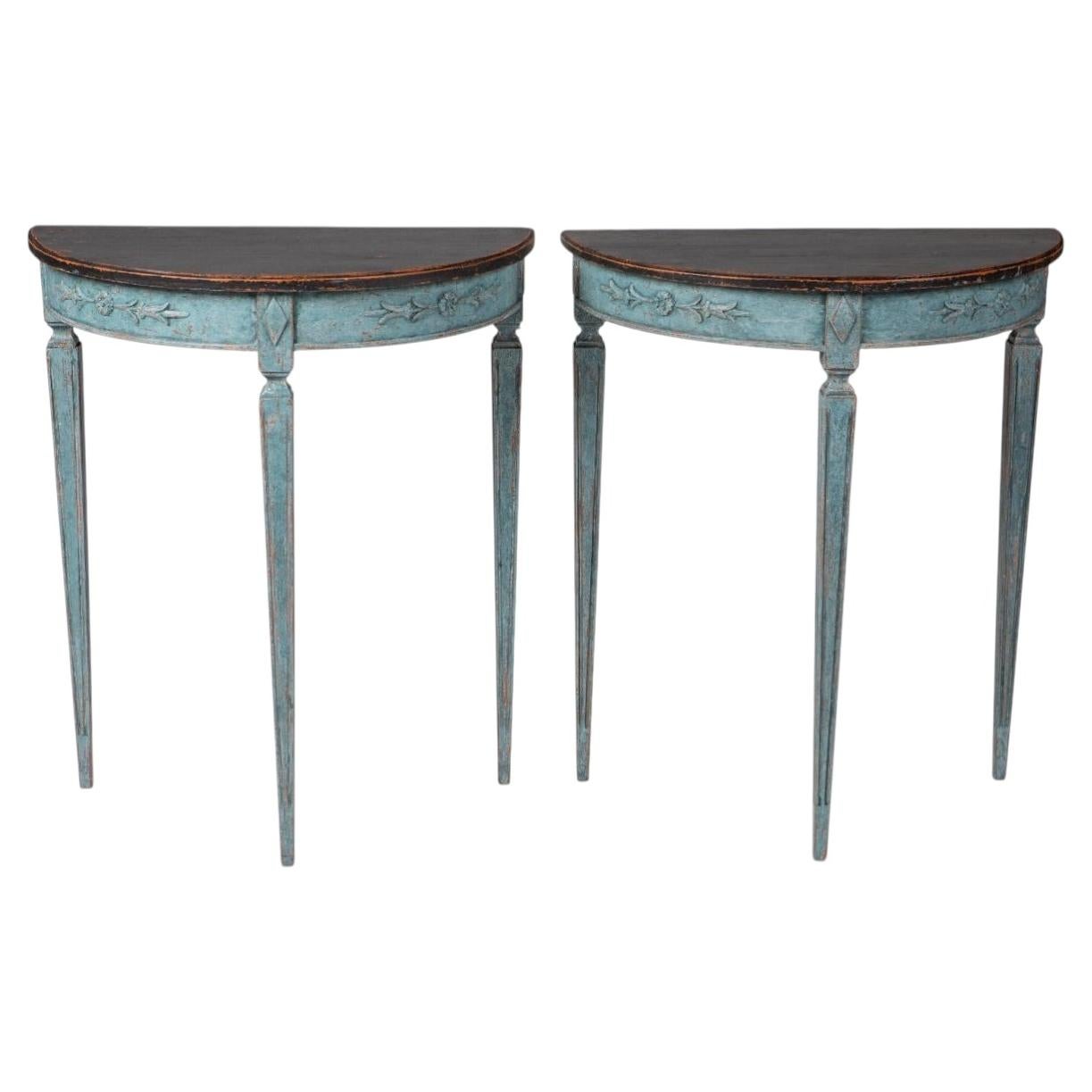 Pareja de Elegantes Mesas Consola Demi lune, Estilo Gustaviano Azul y Negro