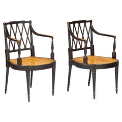 Pair of English Regency Armchairs in Ebonized Beech with Caned Seats