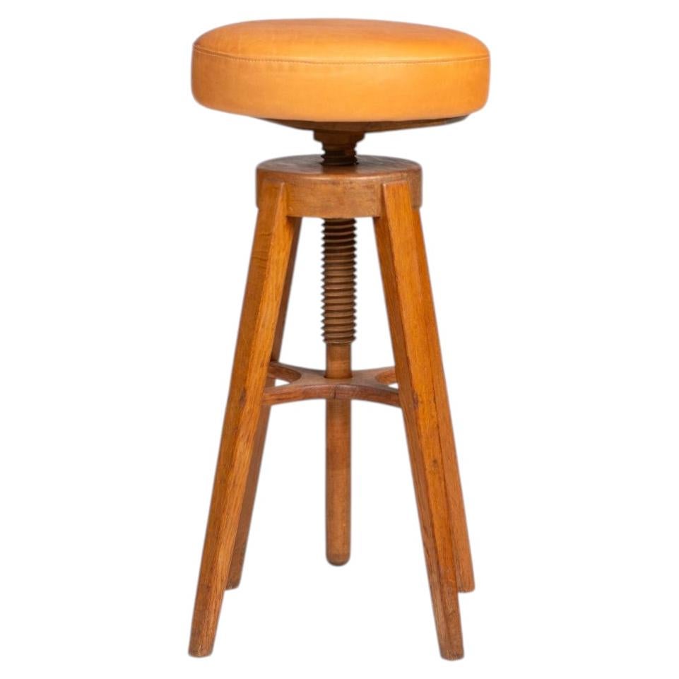 Danish Arts & Crafts Adjustable Oak and Leather Swivel Stool For Sale