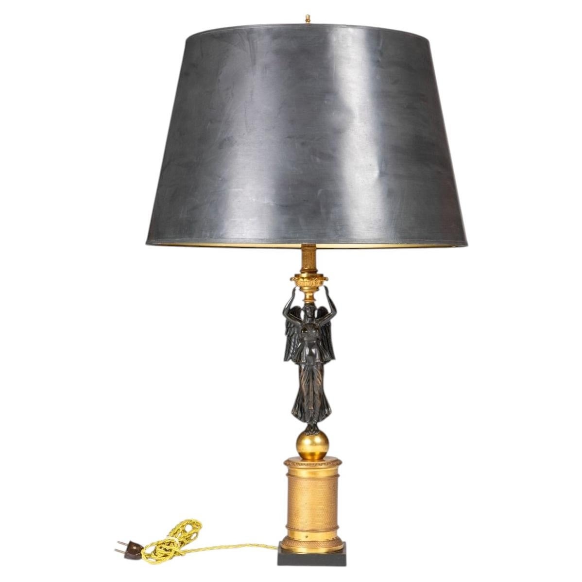 French Empire Gilt and Patinated Bronze Table Lamp with Winged Victoria For Sale