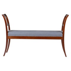 Danish Empire Bench in Cuban Mahogany and Blue-Grey Linen