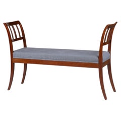 Danish Empire Bench in Cuban Mahogany and Blue-Grey Linen