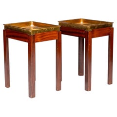 Pair of Mid-Century Brass Tray Side Tables on Mahogany Bases by Lysberg, Hansen