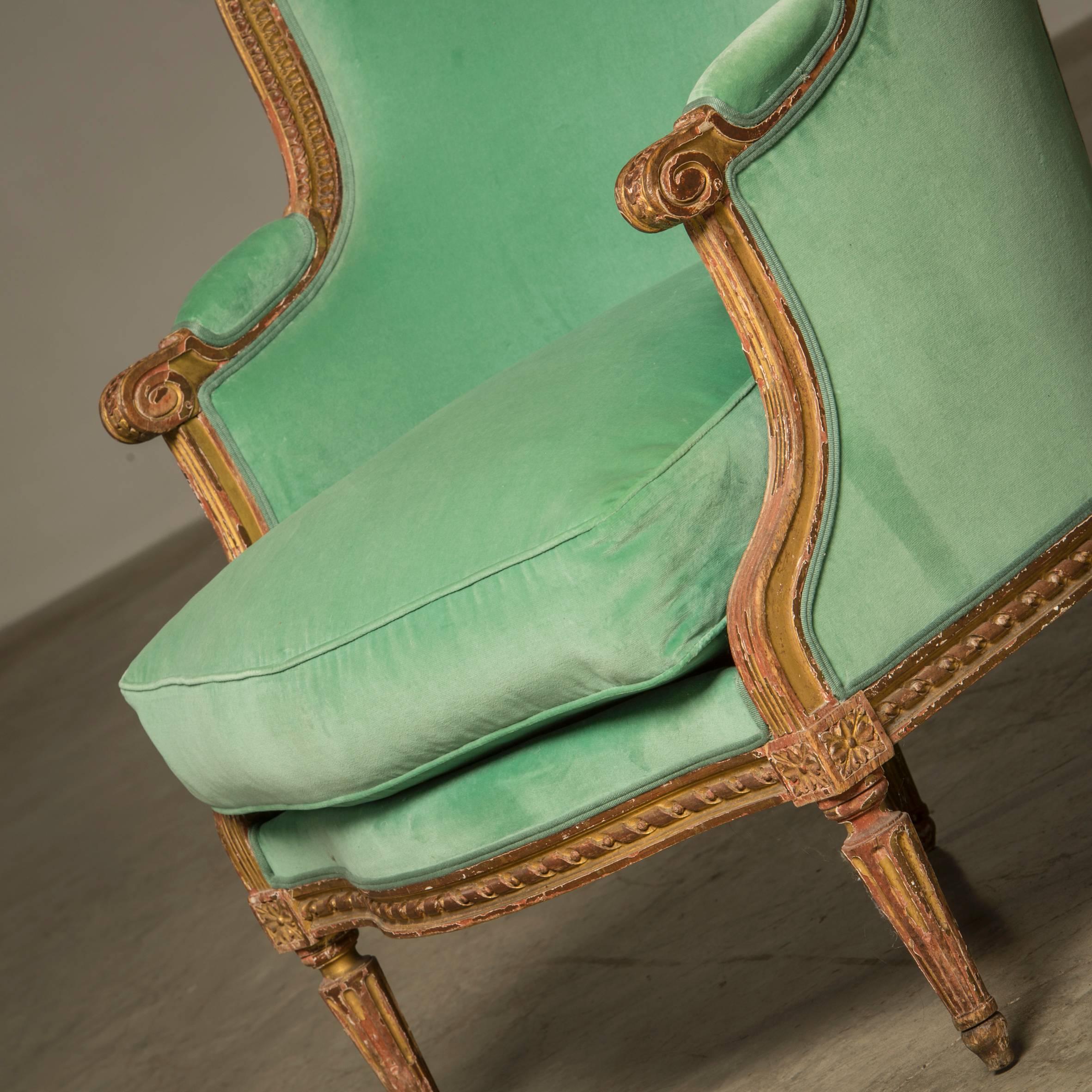 19th Century Large French Bergere Chair in Louis XVI Style with Matching Footstool