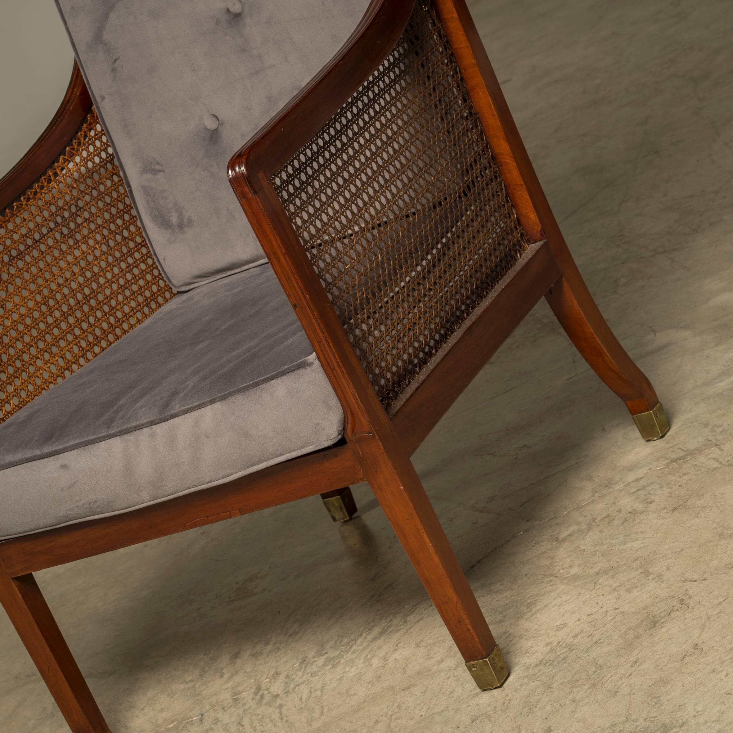 English Regency Armchair in Mahogany and Cane & Velvet Gray Fabric For Sale