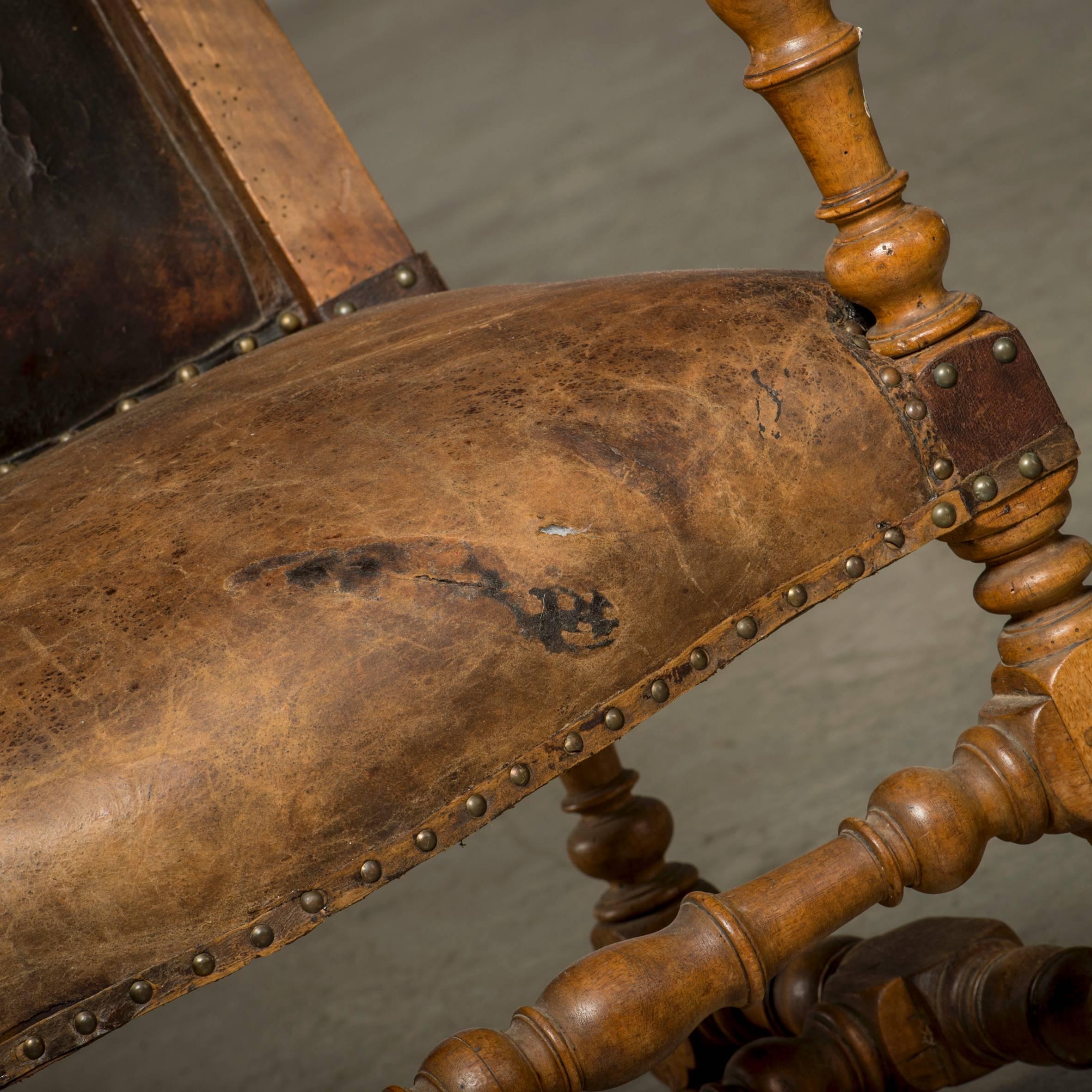 18th Century English Leather Upholstered Wingback Chair in Walnut