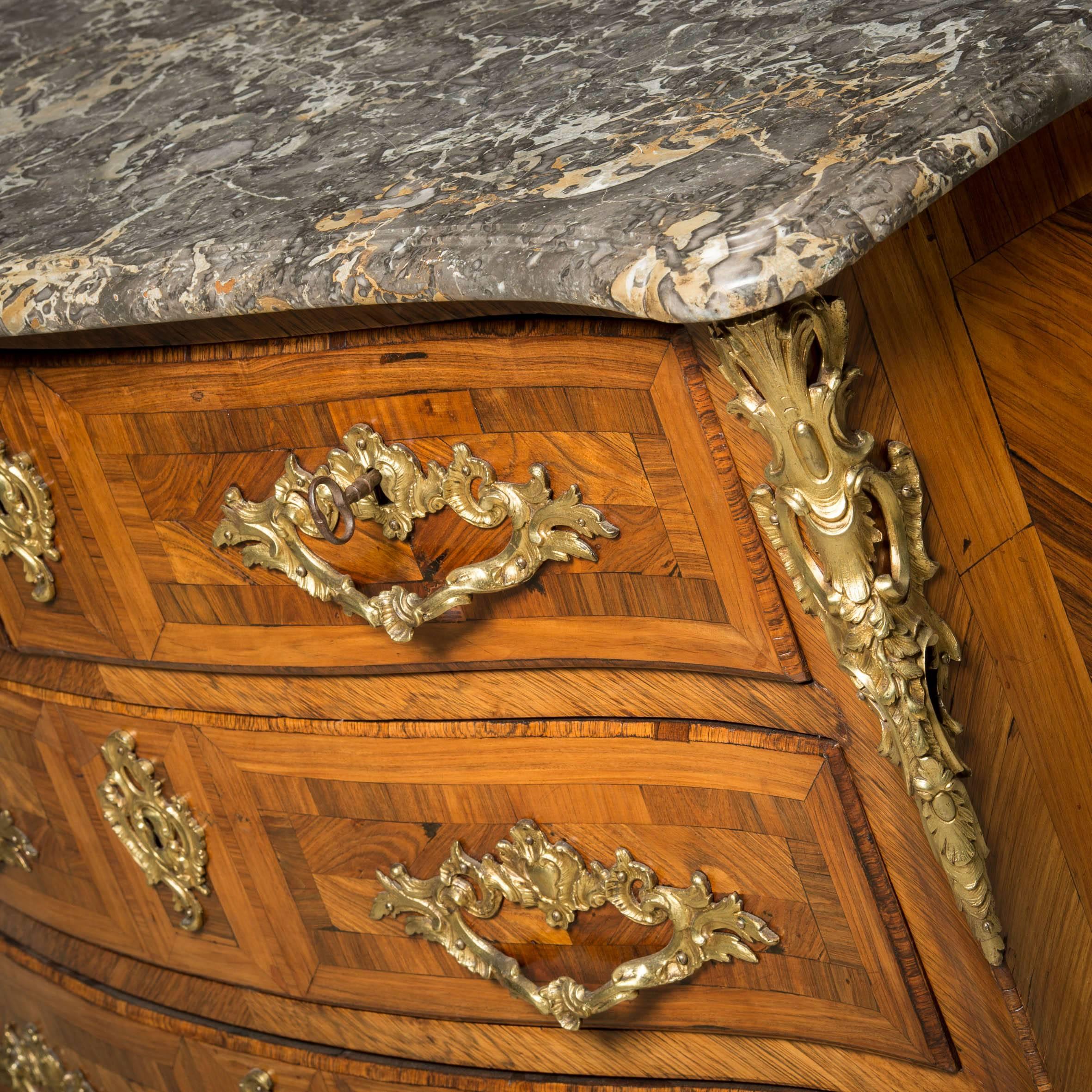 French Louis XV Walnut Marquetry and Gilt Bronze Mounted Chest of Drawers
