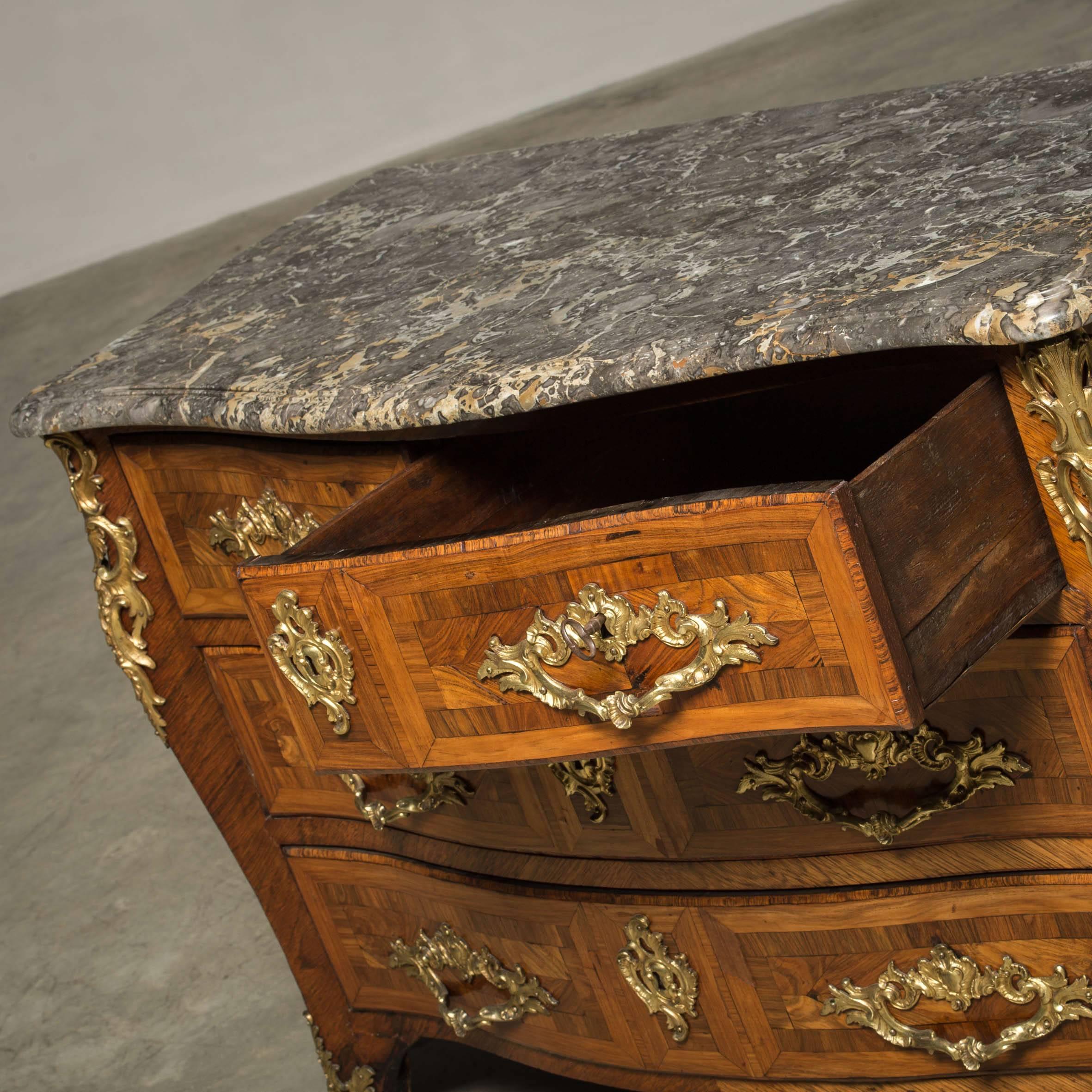 18th Century Louis XV Walnut Marquetry and Gilt Bronze Mounted Chest of Drawers