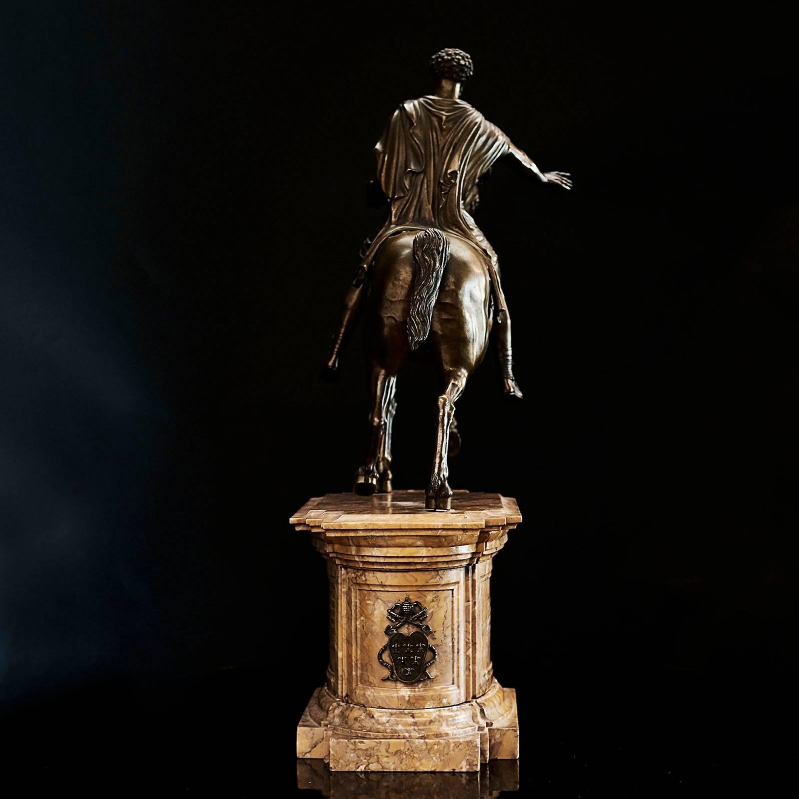 Grand tour bronze of the Equestrian statue of Marcus Aurelius, (121-180 AD) mid-19th century, the original made circa 176-180 standing nearly 14' tall now in the Capitoline Museums, Rome, Italy.
This is a finely cast Italian 19th century scaled
