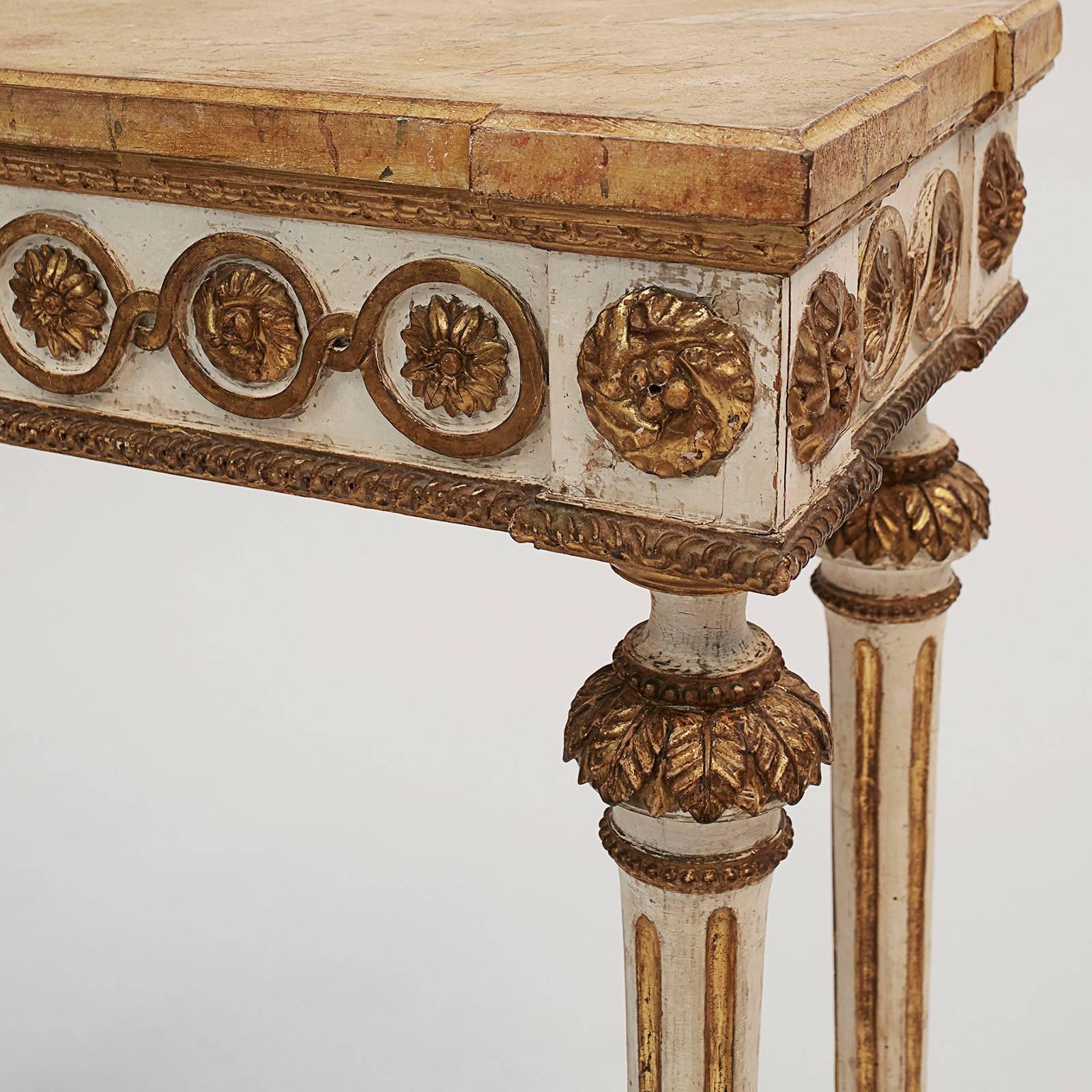 18th Century Fine Pair of Italian Neoclassical Painted and Gilded Consoles, circa 1780s