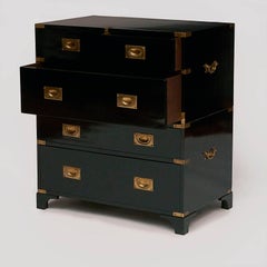 English Brass-Mounted and Ebonized Campaign Style Chest of Drawers, circa 1950