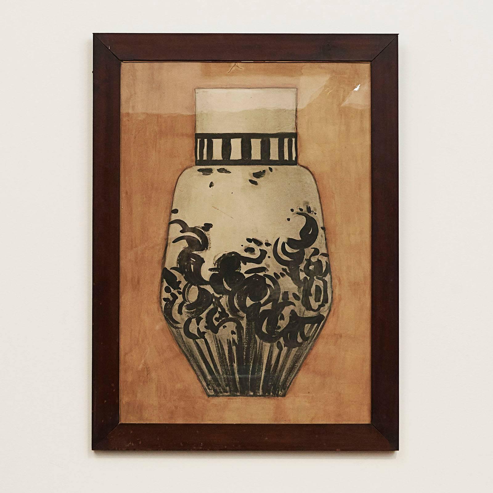 Thorvald Bindesbøll, Danish 1864-1908

Vase - A study for a ceramic piece. Watercolor on paper, signed lower left Feb 1894. 
Inventory stamps on verso. Framed in a simple wood frame.