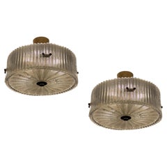 Pair of Orrefors Mid-Century Flush Mount Glass Panel Pendants. 1960s.