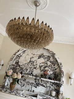Large Eclectic Murano Chandelier with Sand Colored Prisms style of Carlo Scarpa.