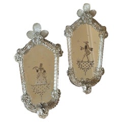 Set of two Venetian Mirrors in Murano Glass Deco & Candle holders. Italy. 1940s.