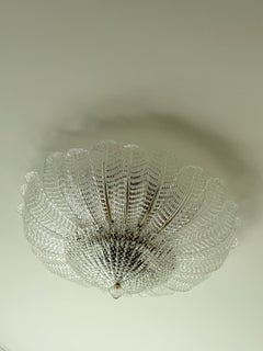 Pair of Huge Flat Murano Chandeliers Flush Mounts Feather Prisms in clear glass