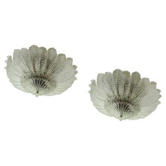 Pair of Huge Flat Murano Chandeliers Flush Mounts Feather Prisms in clear glass