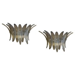 Pair of Murano Glass Wall Lamps with Smoked Grey Feather Prisms