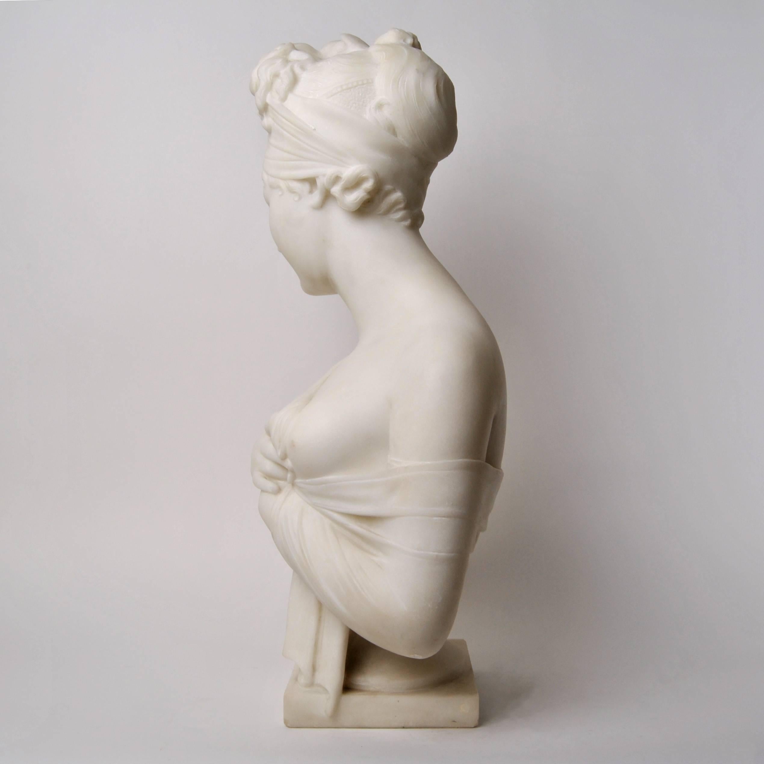 A beautiful bust depicting Juliette Récamier (1777-1849) who was a famous French society leader and intellectual. 

The bust is signed by the Italian artist Guglielmo Pugi (1850-1915) who worked as a sculptor in Florence 1870-1915. Made in