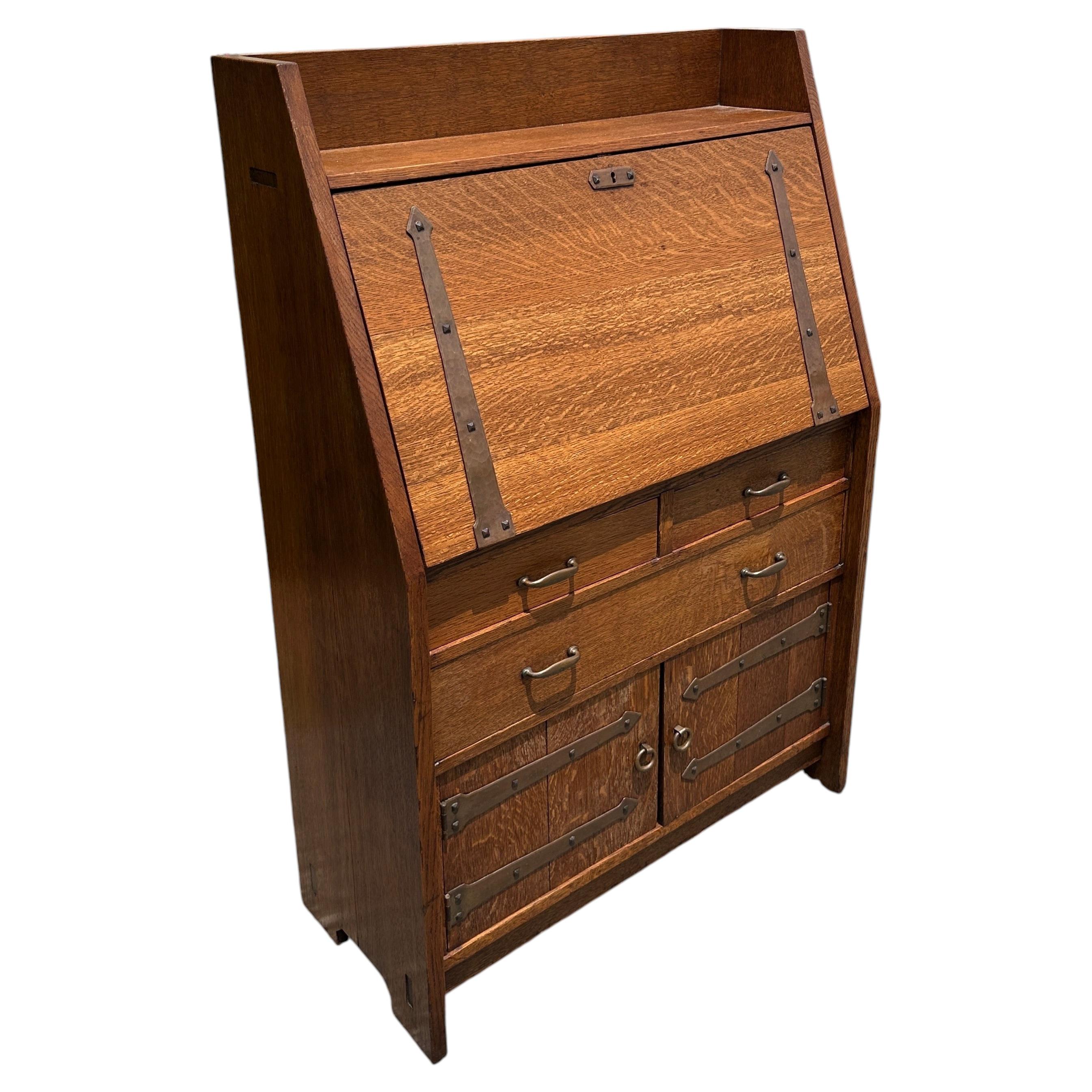 Antique circa 1901 Gustav Stickley drop front desk with strap hardware SIGNED