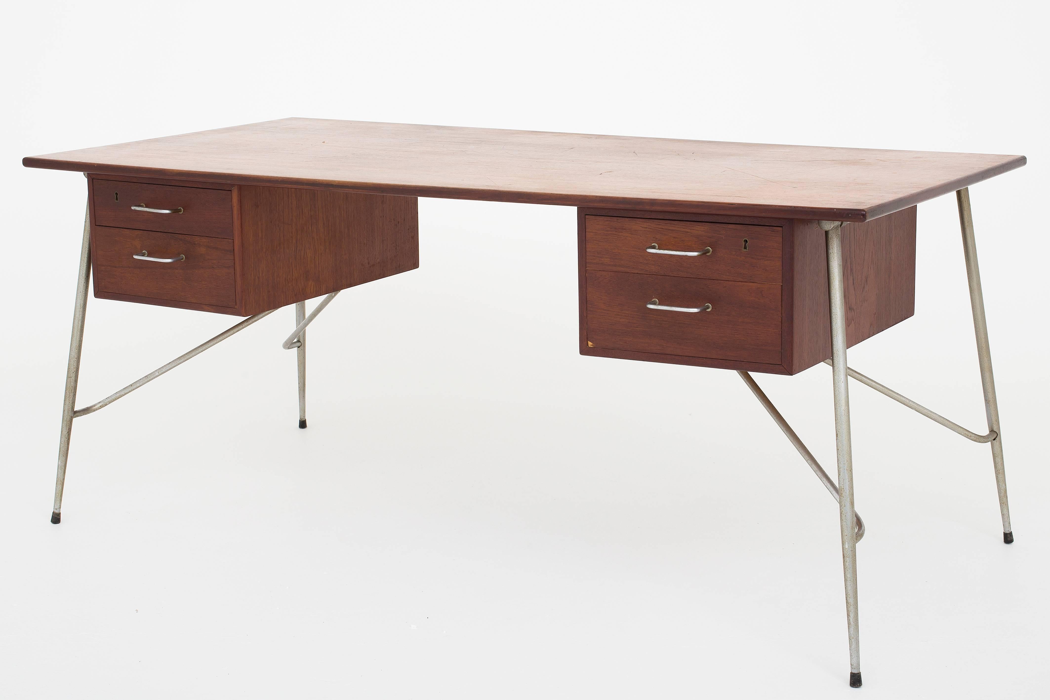 Desk in teak and steel. Designed by Børge Mogensen in 1954 for Søborg Møbelfabrik.