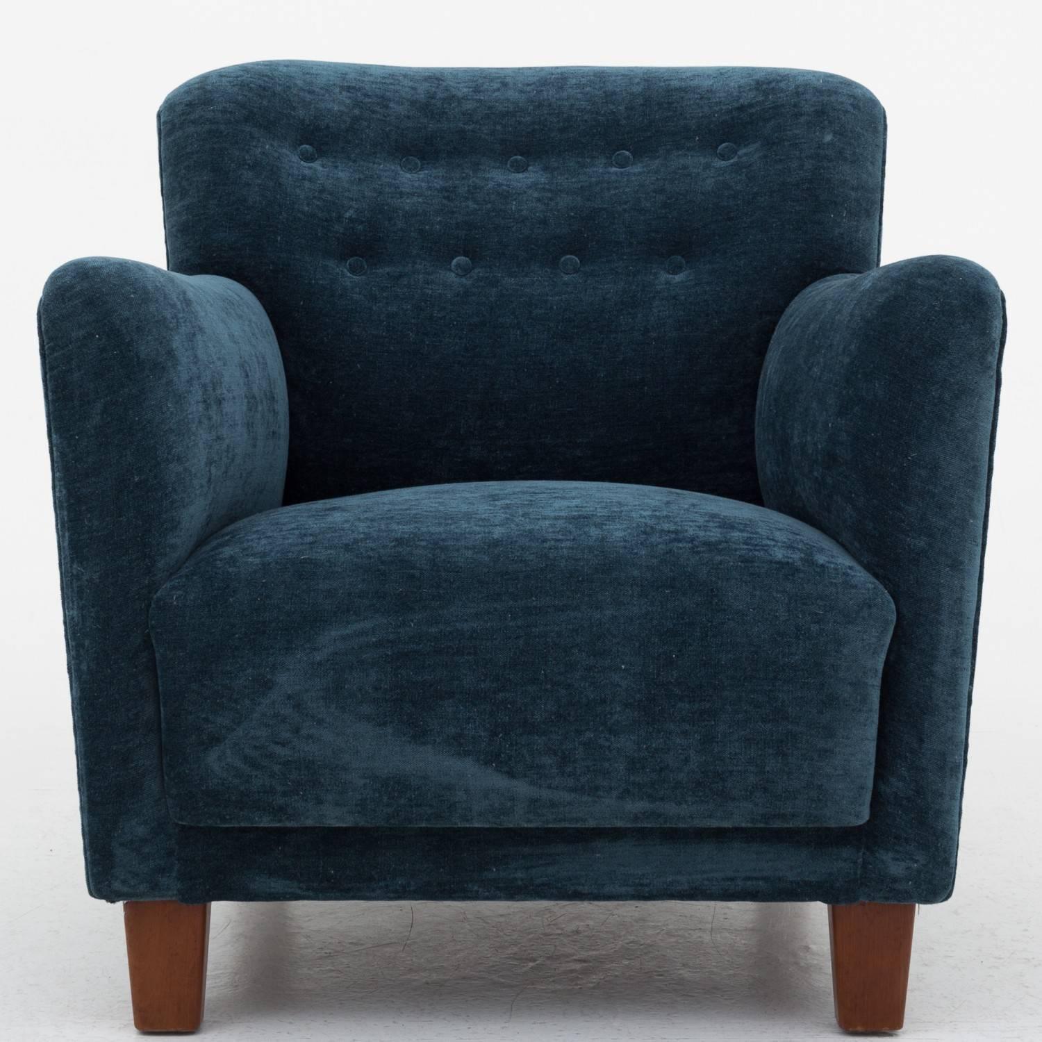 Reupholstered easy chair in Dedar Belsuede-Ottanio design and maker by cabinetmaker Gustav Bertelsen.