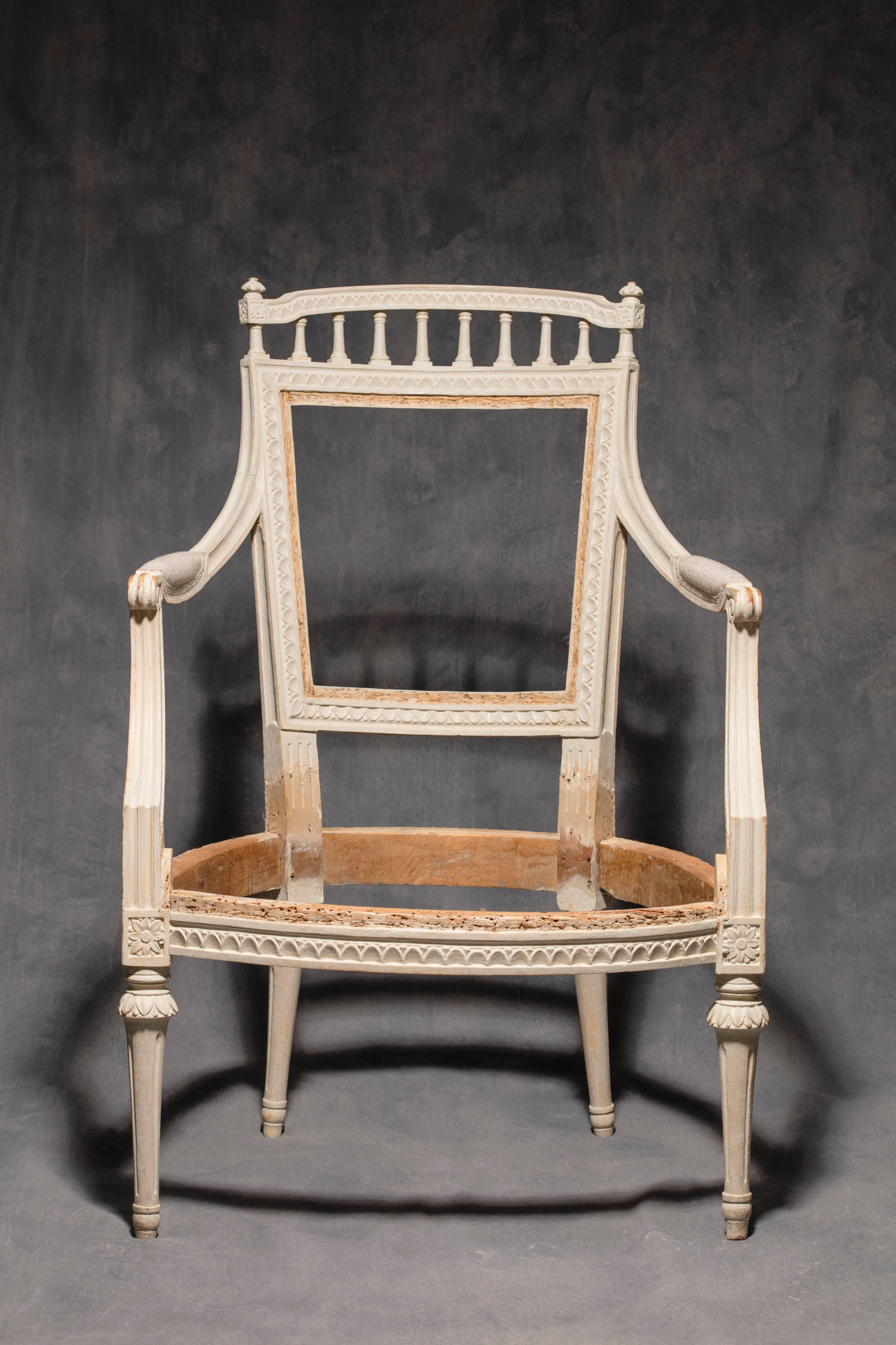An excellent pair of painted Gustavian armchairs signed and hallmarked Johan Erik Höglander, Stockholm circa 1790, original paint with some minor retouching.