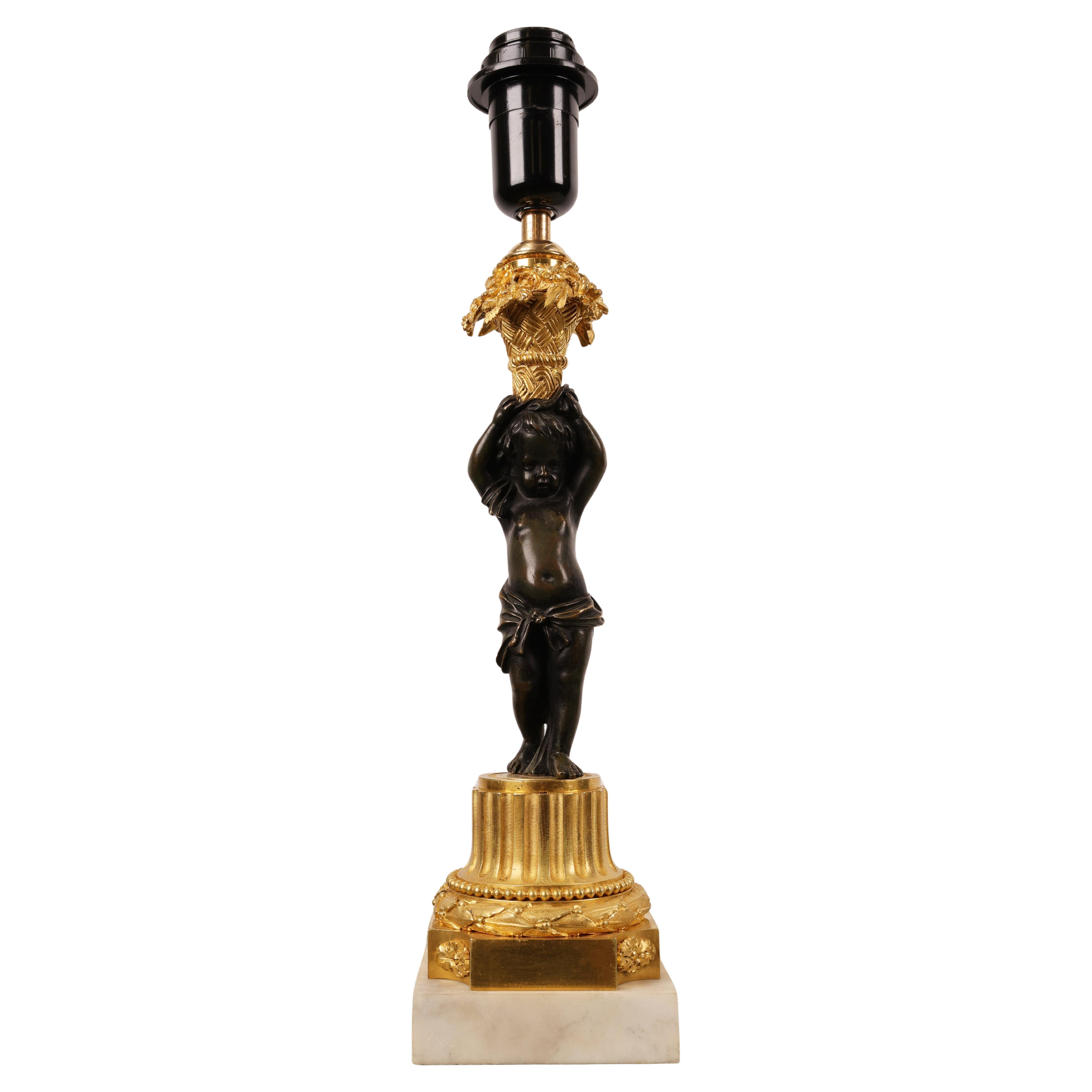 Lampensockel aus vergoldeter und patinierter Bronze von Louis Philippe mit Carrara-Marmor